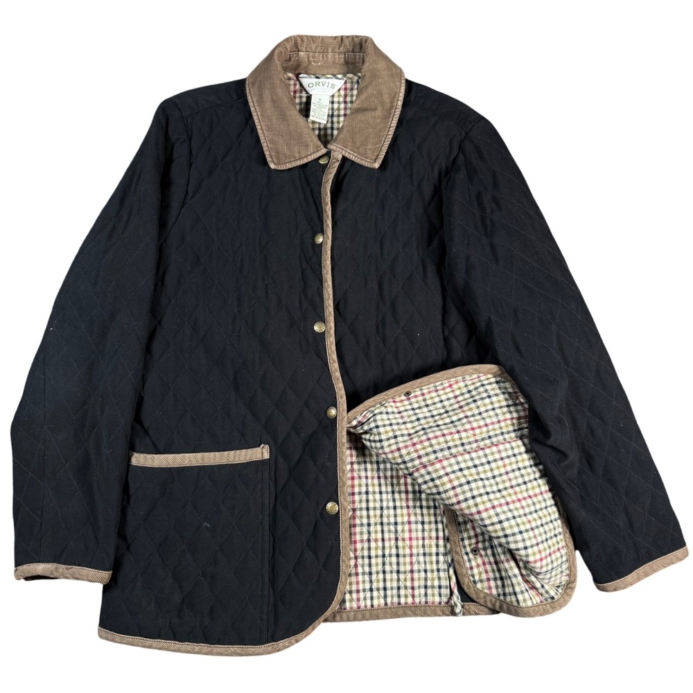 Orvis Quilted Barn Jacket Women Medium Black Corduroy Trim Plaid Lined Coat